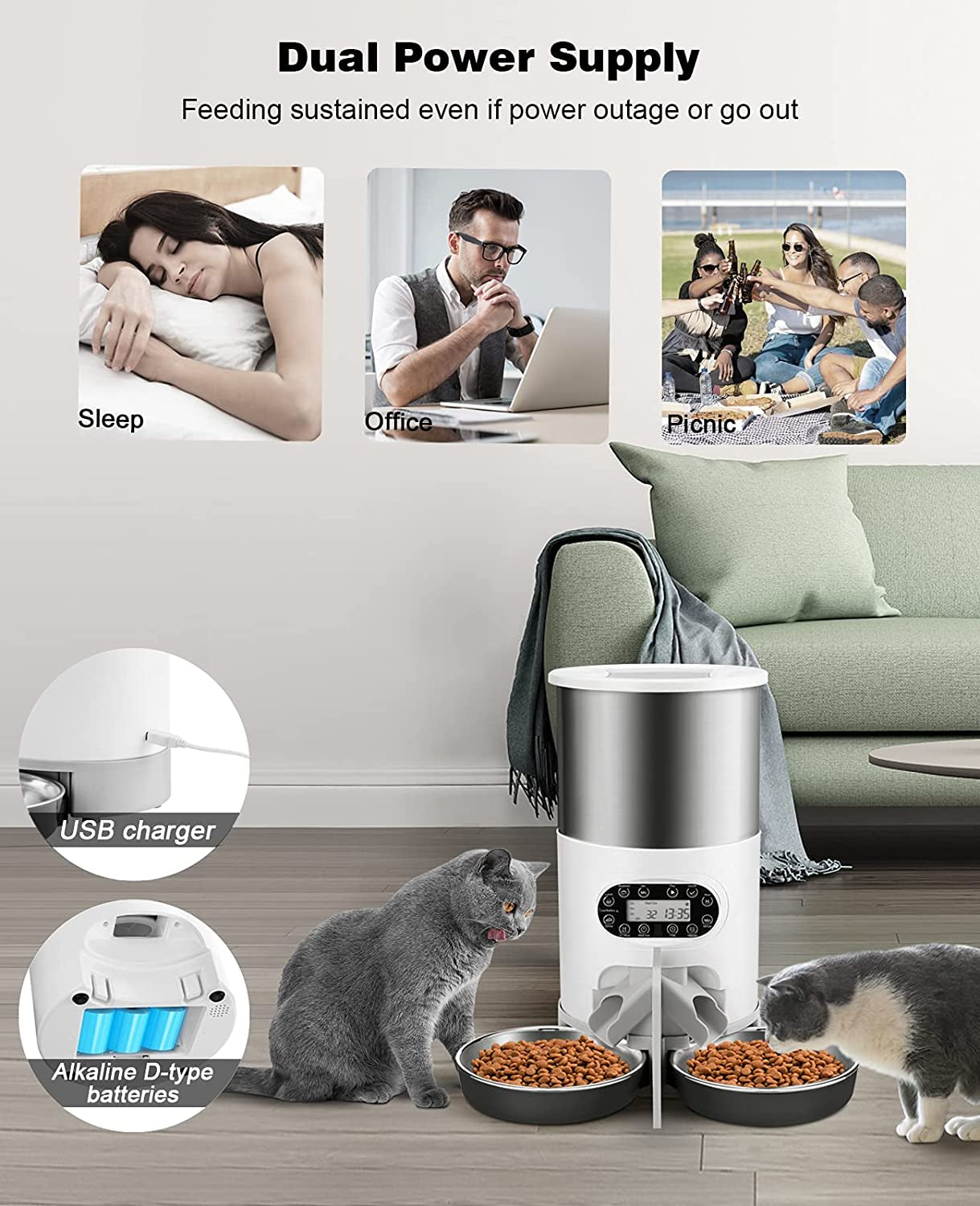 Automatic Cat Feeders, 304 Stainless Steel Timed Cat Food Dispenser for 2 Cats & Small Dog, 4.5L Pet Feeder with 2-Way Splitter, 1-4 Meals Portion Control,10S Voice Recorder, Dual Power Supply