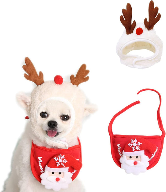 2PCS Christmas Pet Costume Set – Reindeer Antlers Headband & Red Scarf for Dogs and Cats (Adjustable, Size L)