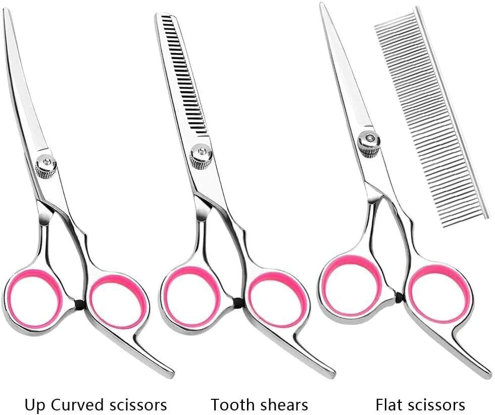 Pet Grooming Scissors Set – Stainless Steel Straight, Curved & Thinning Shears Trimming Kit for Dogs and Cats